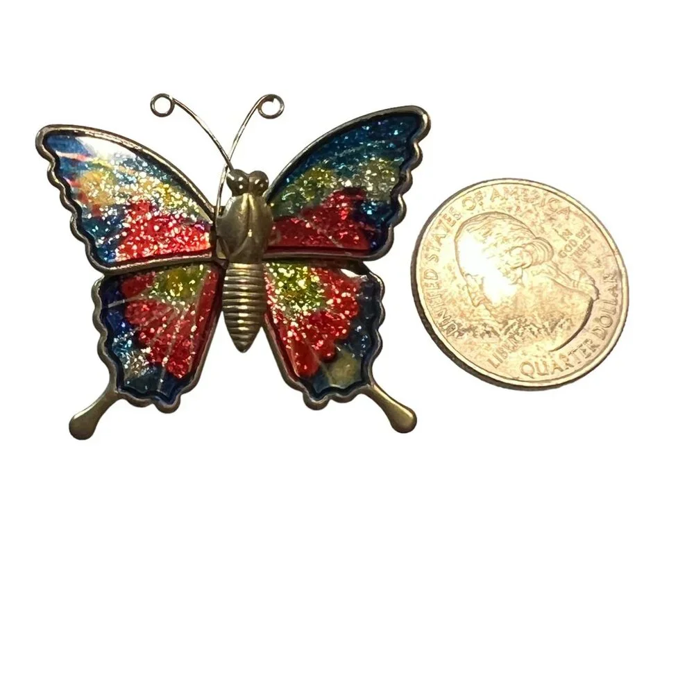 Vintage Butterfly Brooch Blue Pink Enamel and Glitter‎ Pin